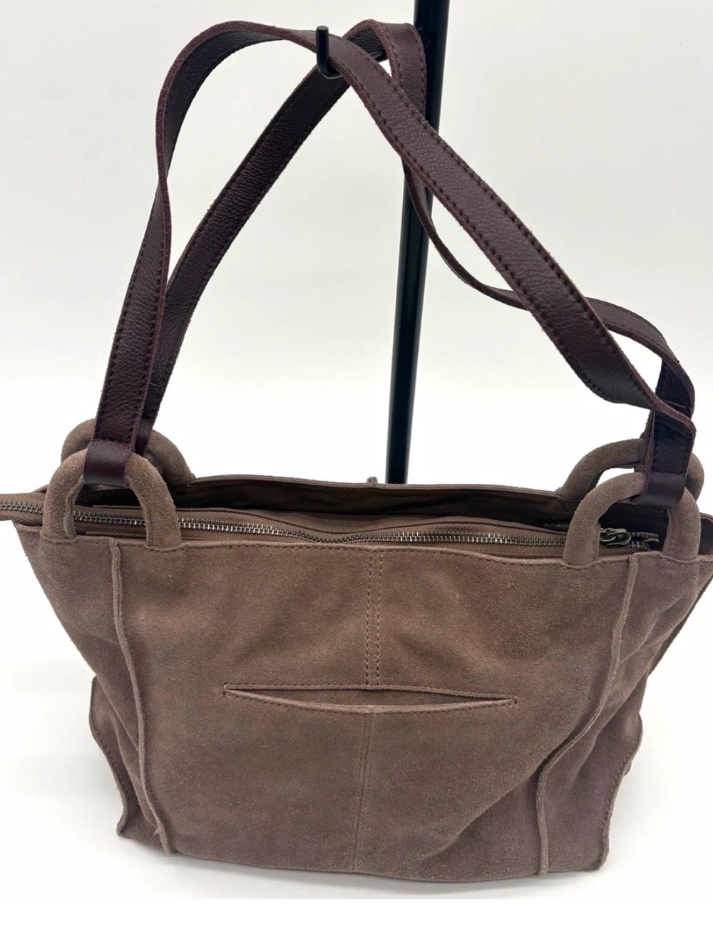 The Sak Los feliz Suede Tote in Taupe with Dark Brown Straps
